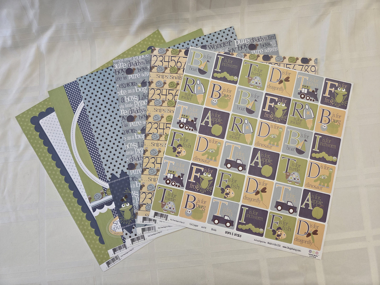 Three Bugs in a Rug 6 Color Patterned Paper Pack 12x12 "Snips & Snails"