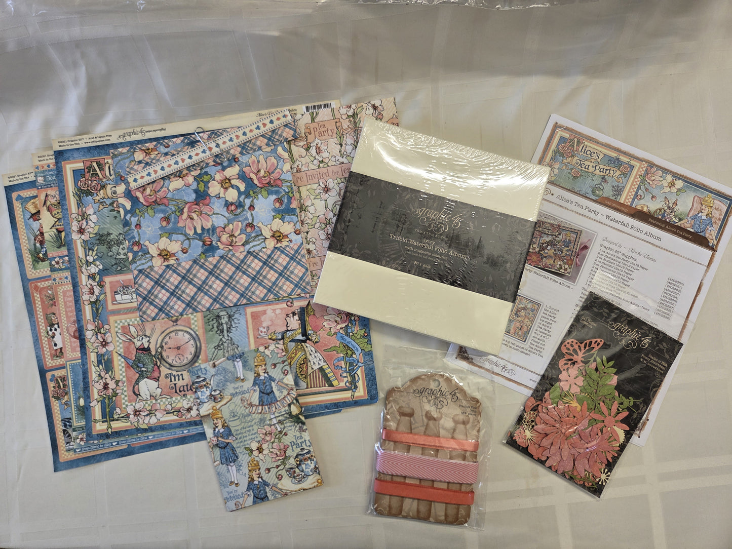 Graphic 45 Ivory Trifold Waterfall Folio Album Set "Alice's Tea Party"