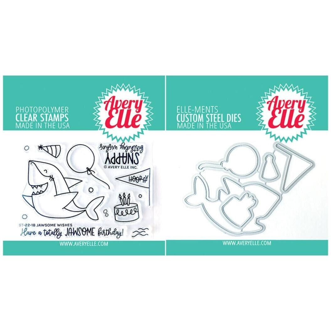AE JAWSOME WISHES CLEAR STAMP SET WITH MATCHING DIE CUTS