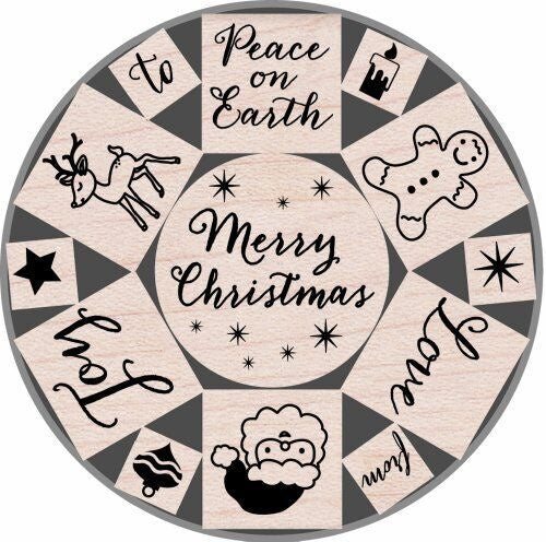 H A MERRY CHRISTMAS TIN WOOD MOUNTED STAMP SET